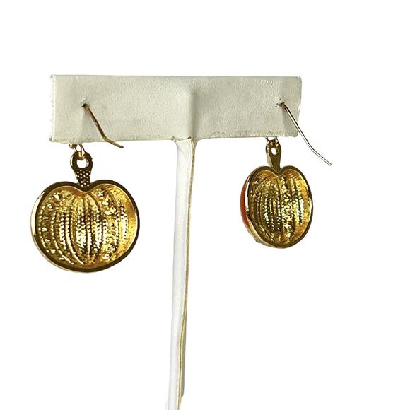 Pumpkin Earrings Orange Enamel Clear Rhinestones Gold Tone Hook Pierced Festive - Picture 6 of 7